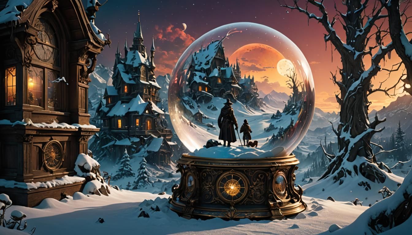 Eldritch Snowglobe at Magic Hour in Fantasy Art Style