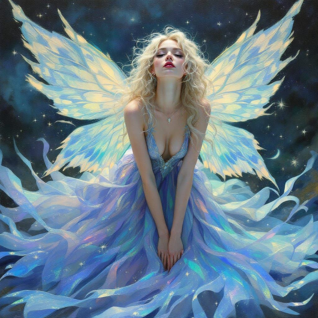 Ethereal Fairy Woman in Iridescent Gown