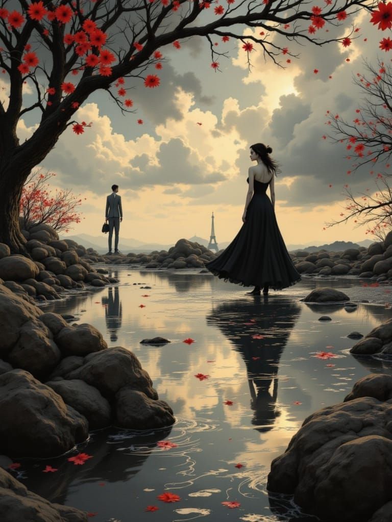 Surreal Parisian Scene with Lora and Heart Motif