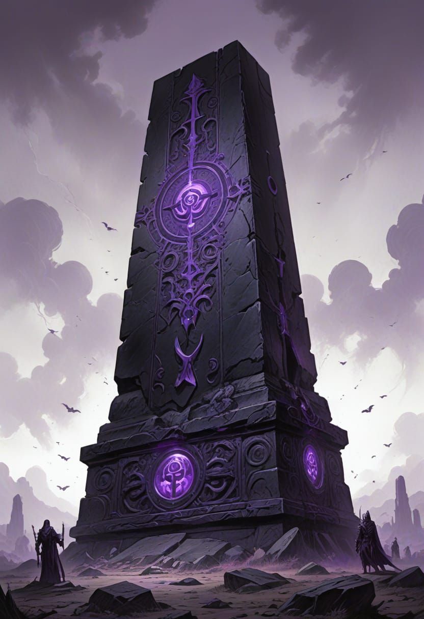 Mysterious Black Obsidian Monolith with Glowing Death Symbol...