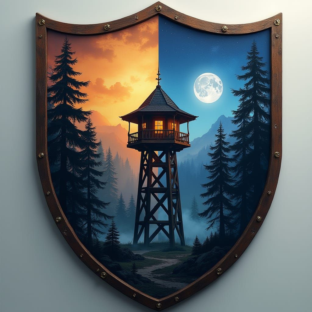Medieval Fantasy Shield with Firewatch Tower in Serene Mount...