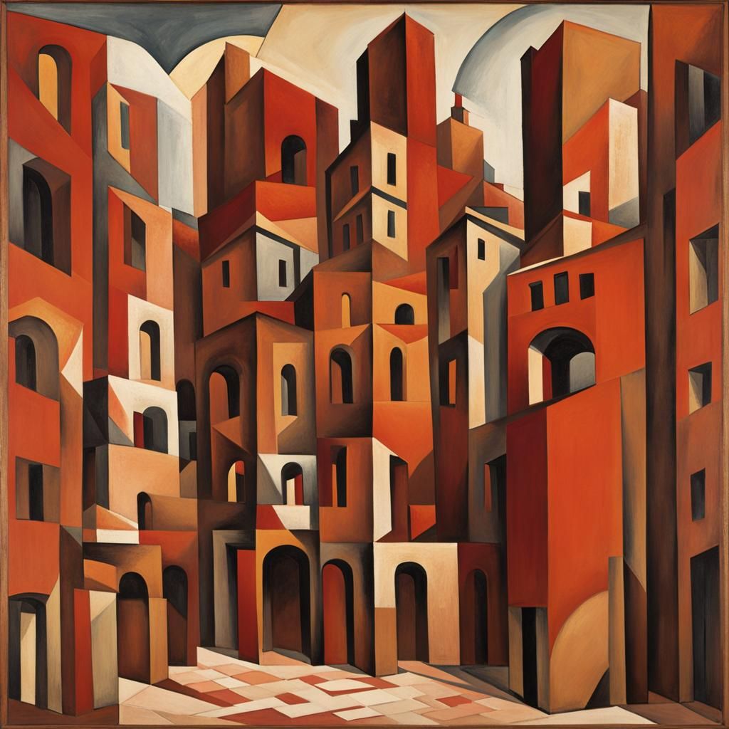Geometric Cubist Cityscape in Terracotta and Earth Tones
