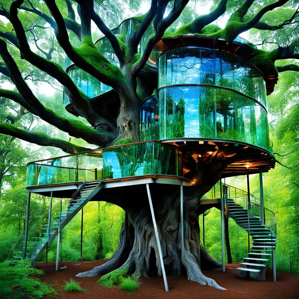 Futuristic Glass Treehouse in Ancient Tree
