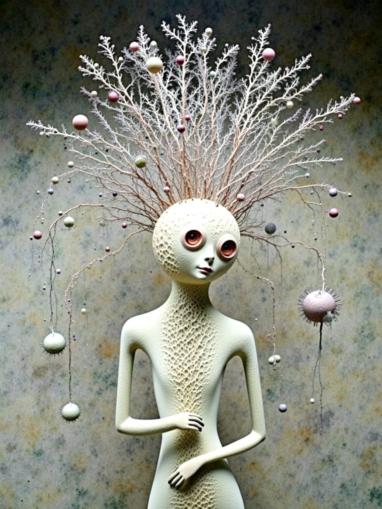 Wool Doll with Dried Flowers, 3D Sculpture Art