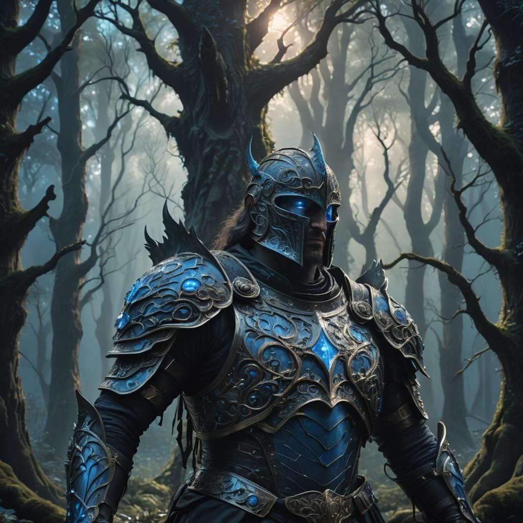 Mystical Armored Figure in Eerie Forest