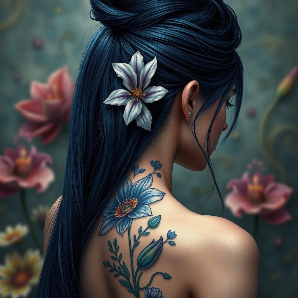 Gothic Maiden with Larkspur and Water Lily Tattoo