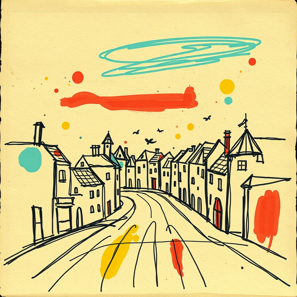 Childlike Townscape Drawing in Basquiat Style