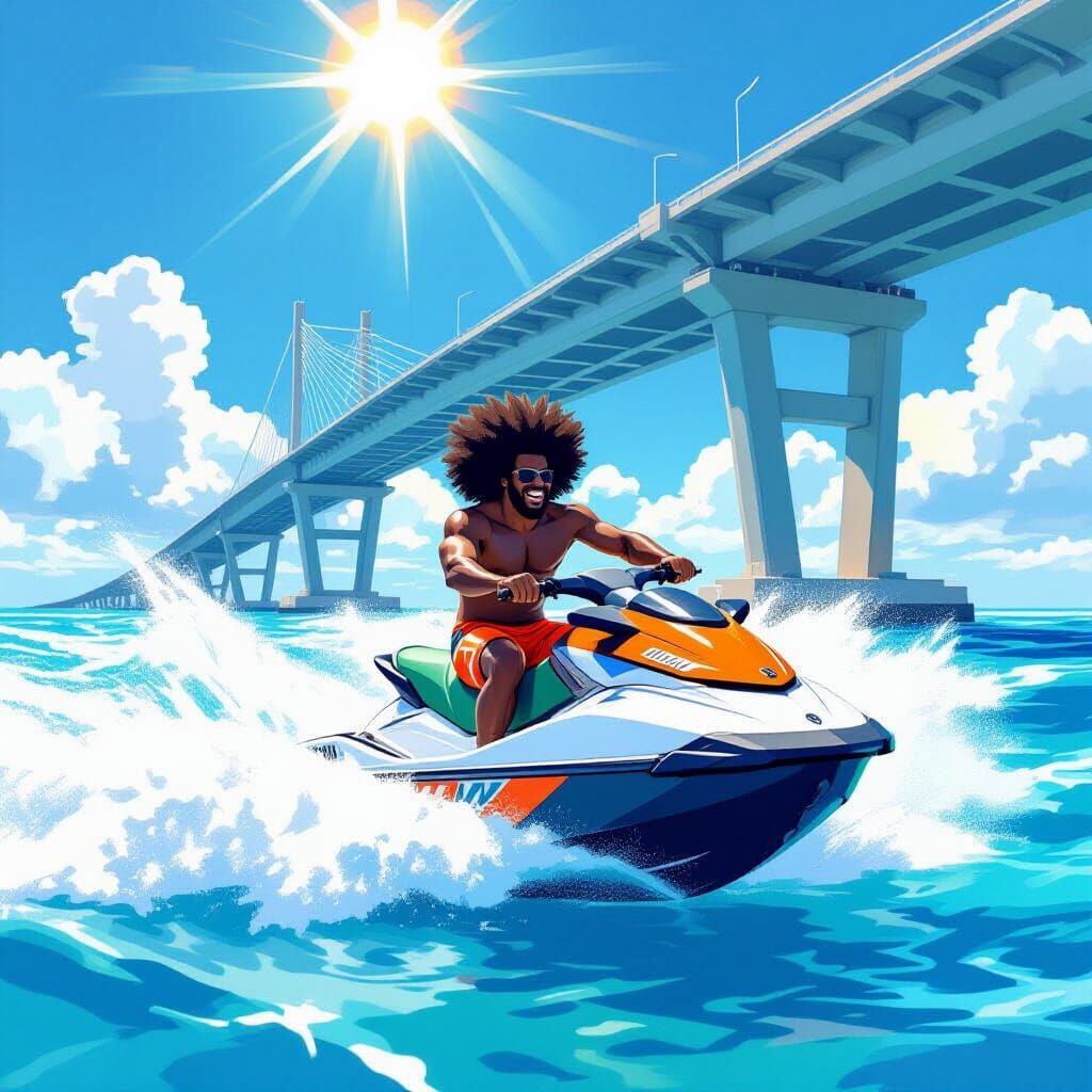 Black Man Driving Jetski Under Bridge in Florida Sun