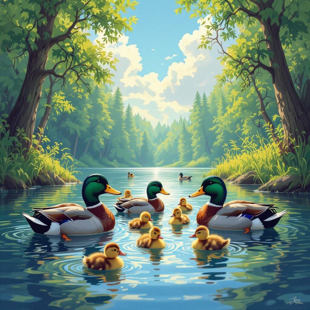 Mallard Ducks With Ducklings In Forest Lake