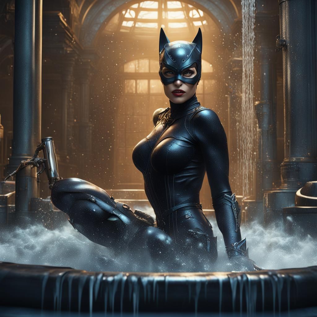 Catwoman Shower Scene in Detailed Digital Art