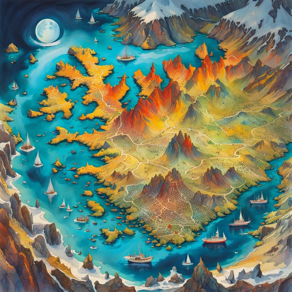 Detailed Fantasy Map of Iceland in Watercolour