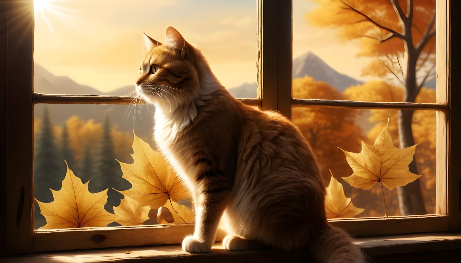 Fluffy Cat Gazes at Golden Autumn Woods