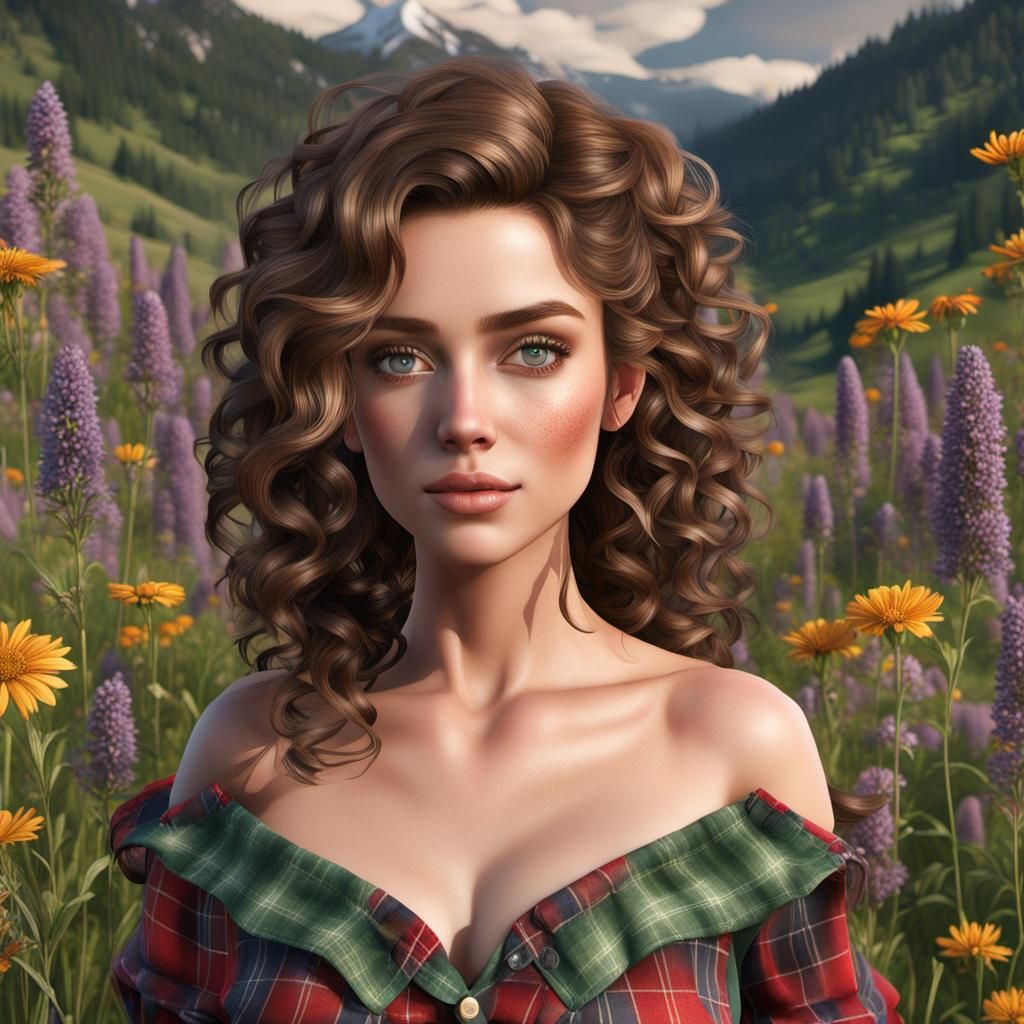 Gorgeous Brunette in Meadow: Hyperrealistic 3D Rendering