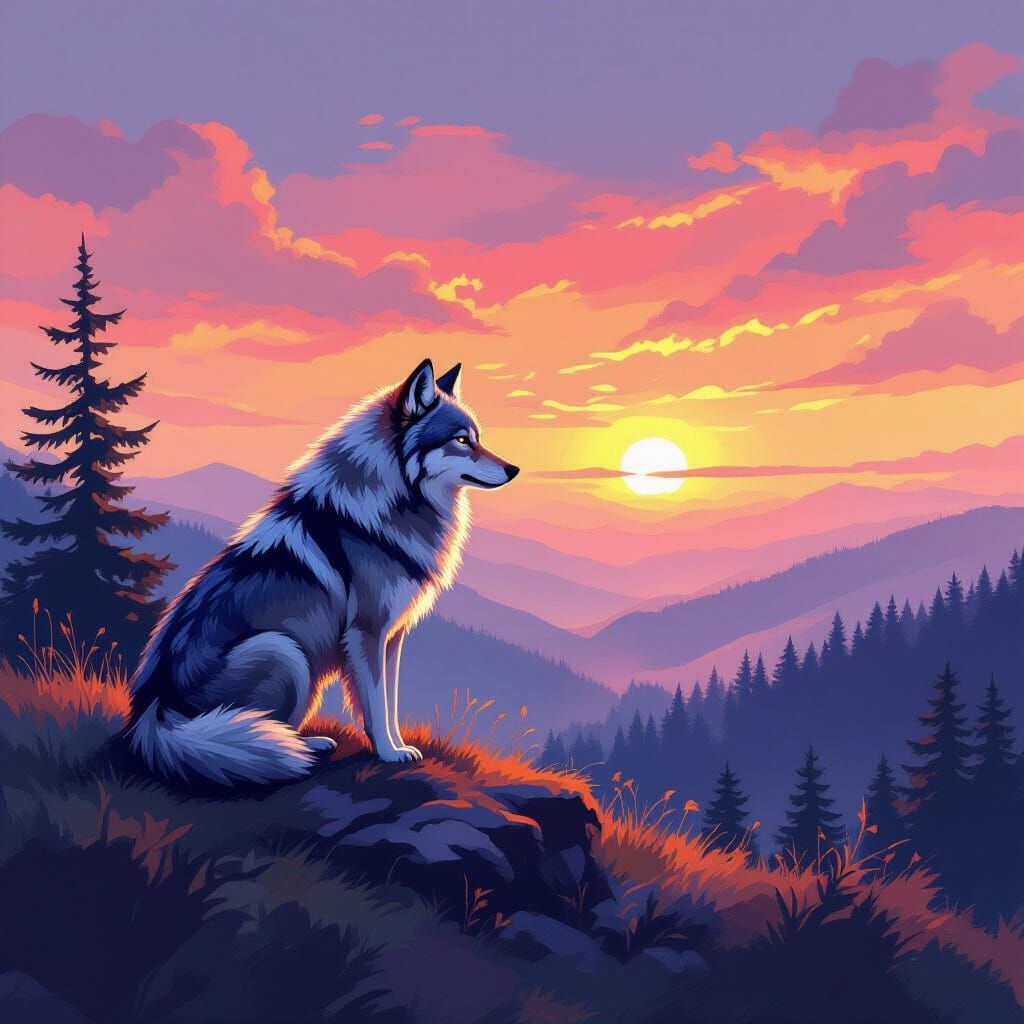 Majestic Wolf Overlooking Forest in Digital Watercolor