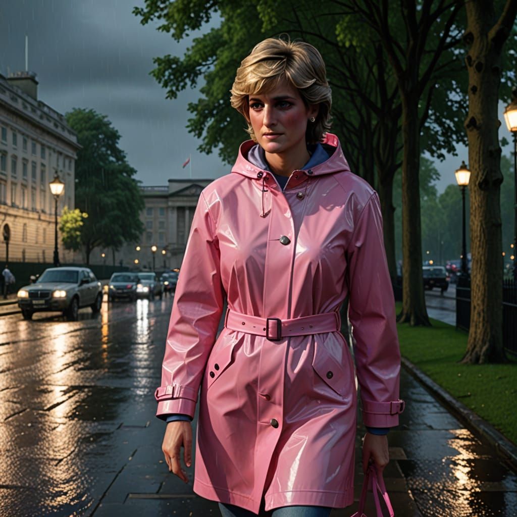 Princess Diana in Raincoat Near Buckingham Palace