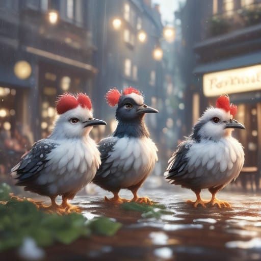 French Hens Sip Tea in a Parisian Cafe, Inspired by Surreali...