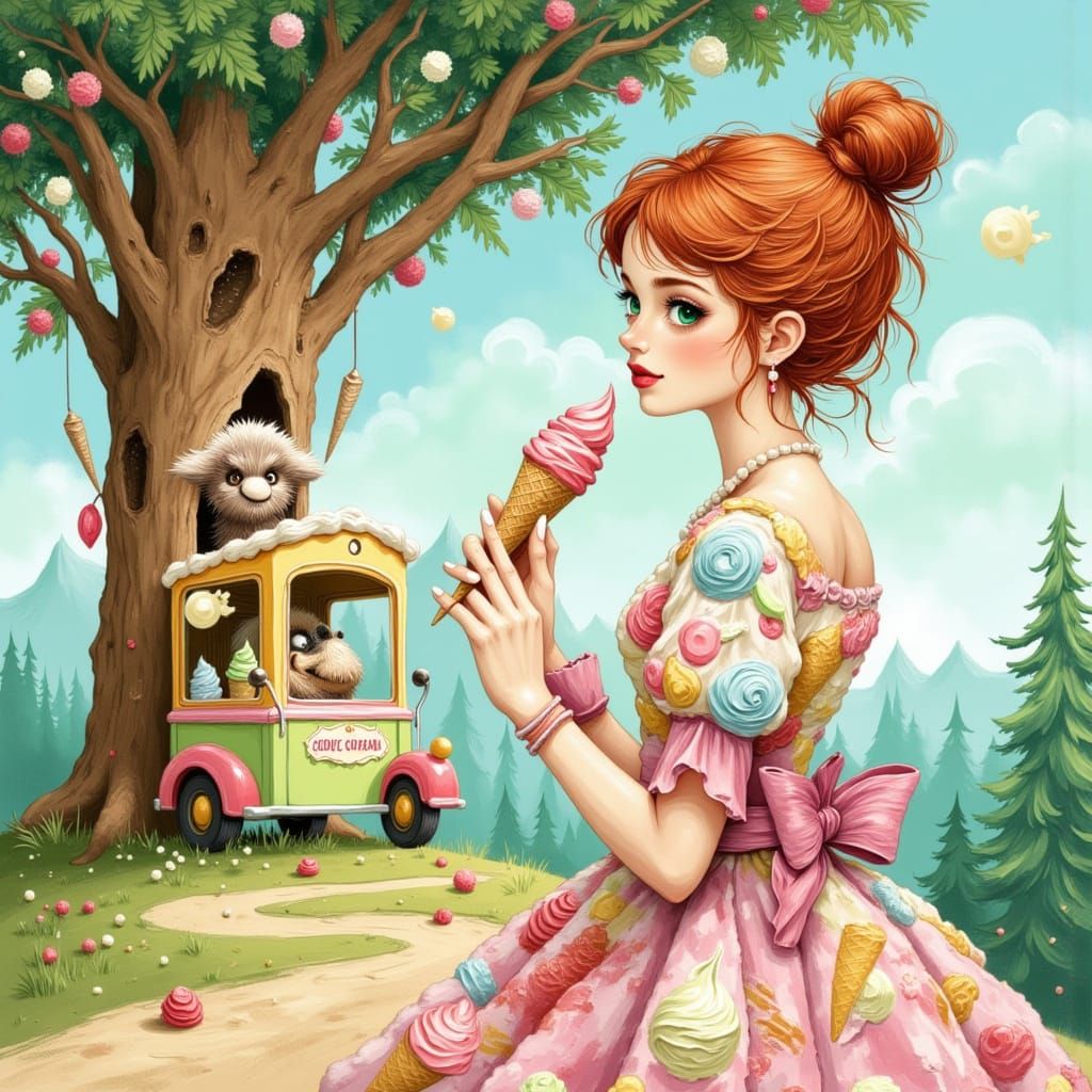 Redhead Woman with Ice Cream, Sasquatch in Truck
