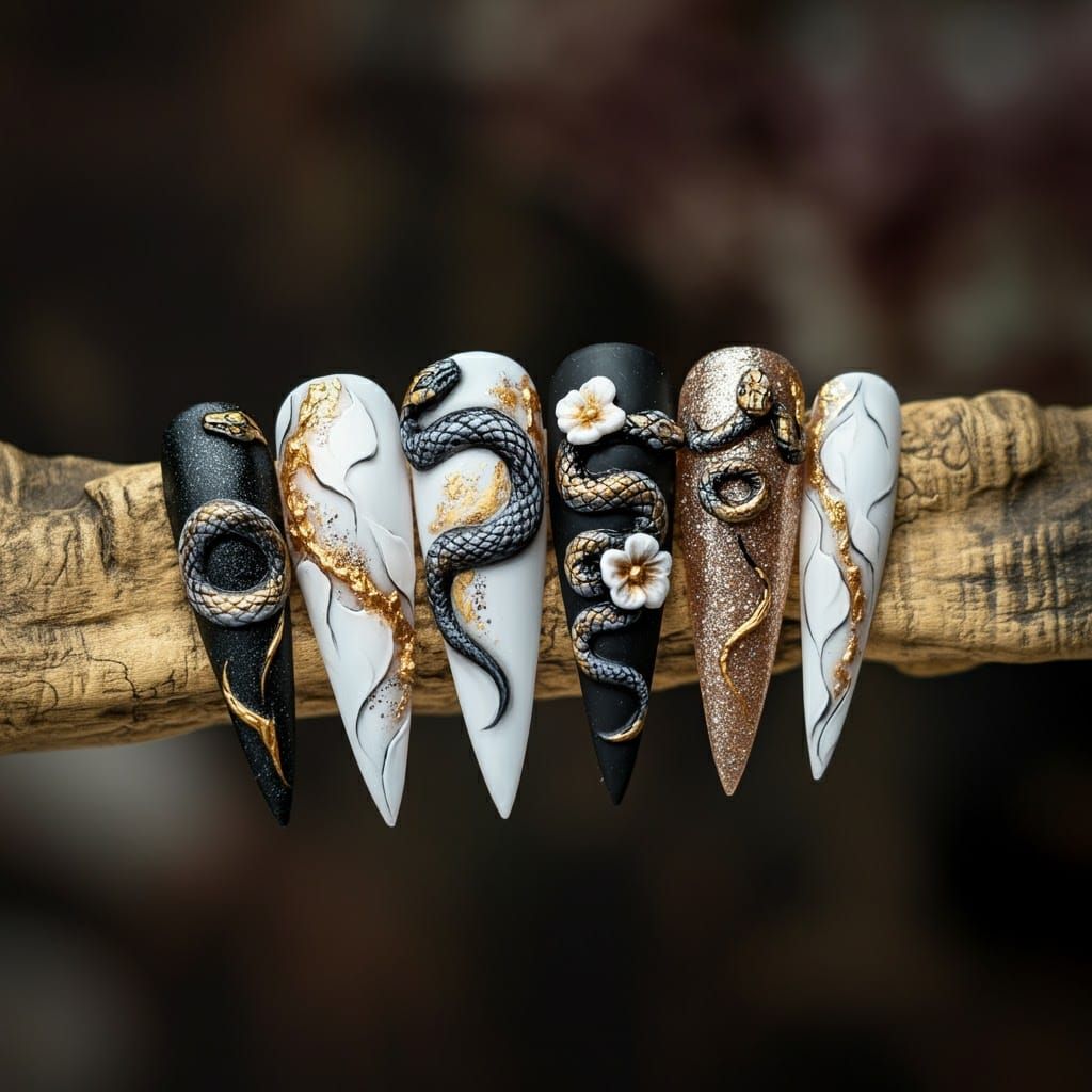 Glamorous Serpent Nail Art in Art Nouveau Style
