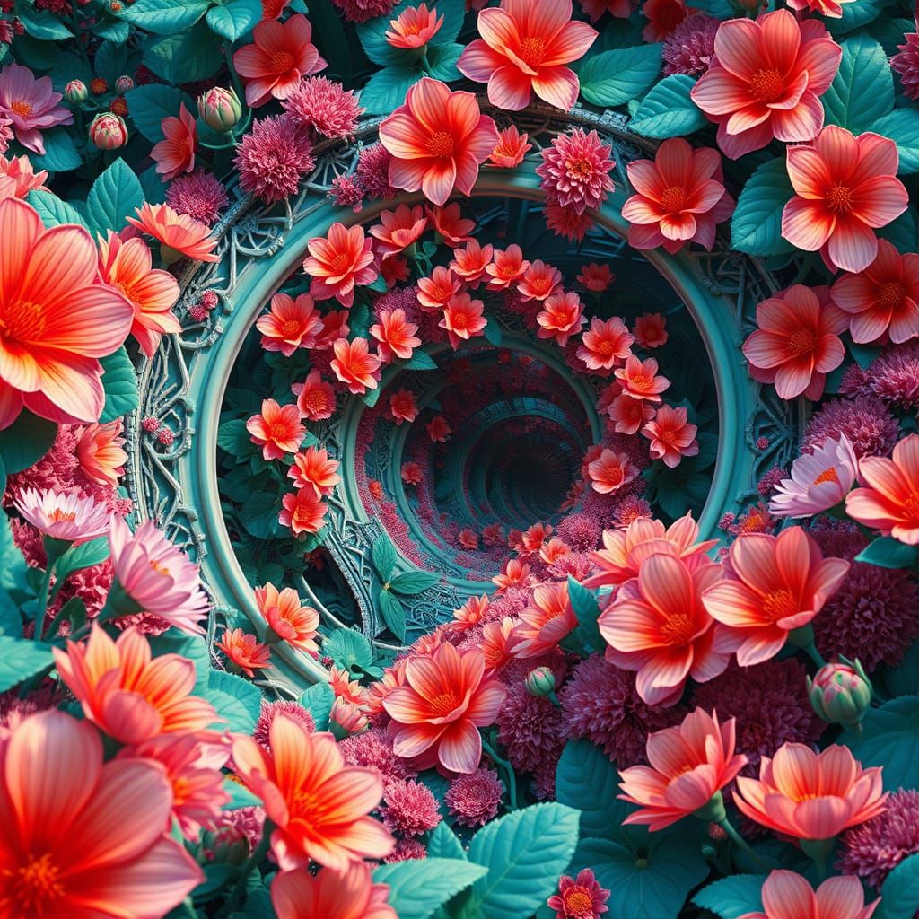 Intricate Flower Garden with Tori Gates in 3D Anime Style