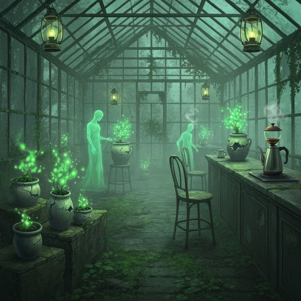 Enchanted Greenhouse Cafe with Spectral Figures