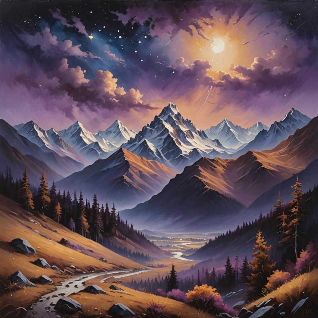 Mountains at Night in October: Landscape Painting