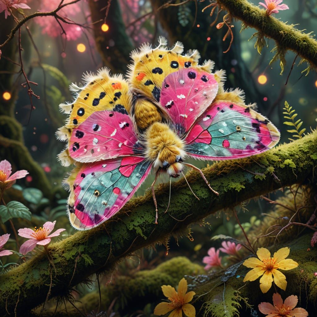 Glowing Pink and Yellow Moth on Branch