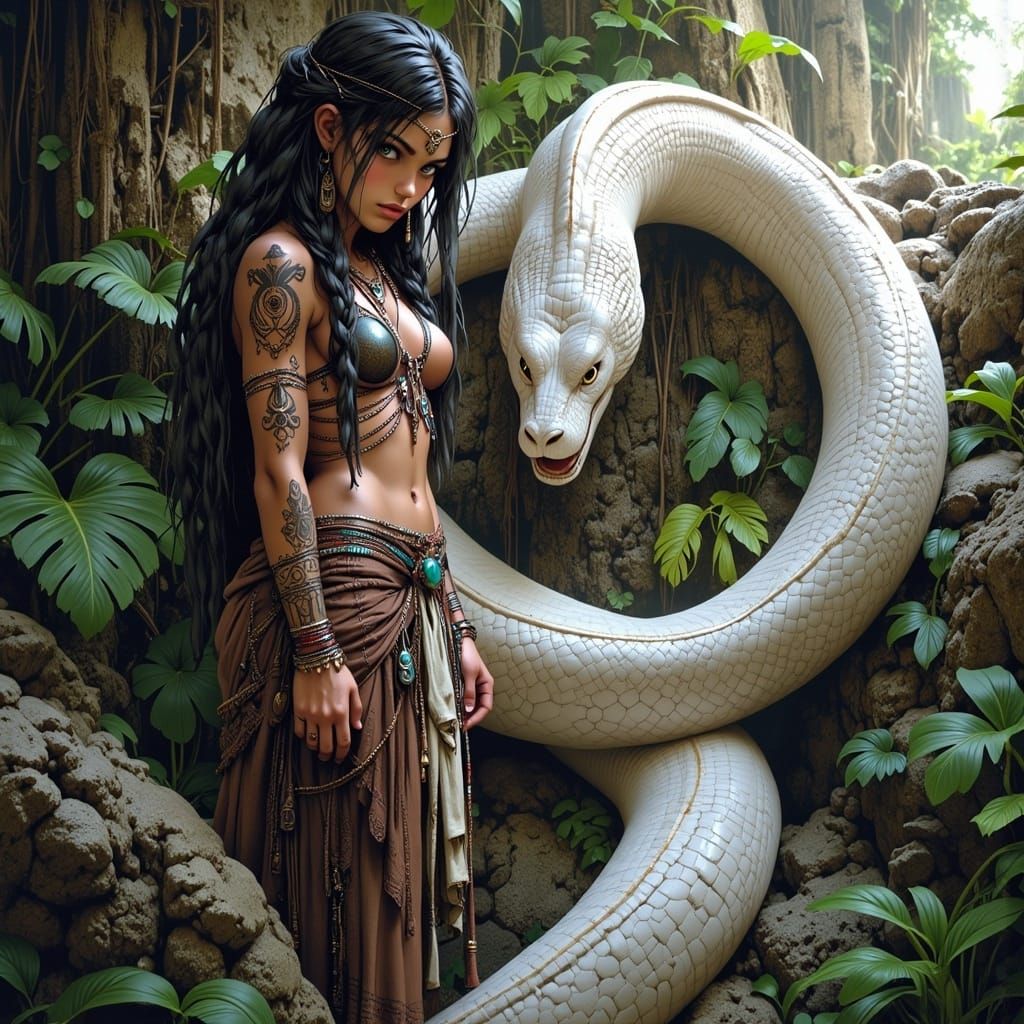 Warrior Maiden Battles Snake at Jungle Temple