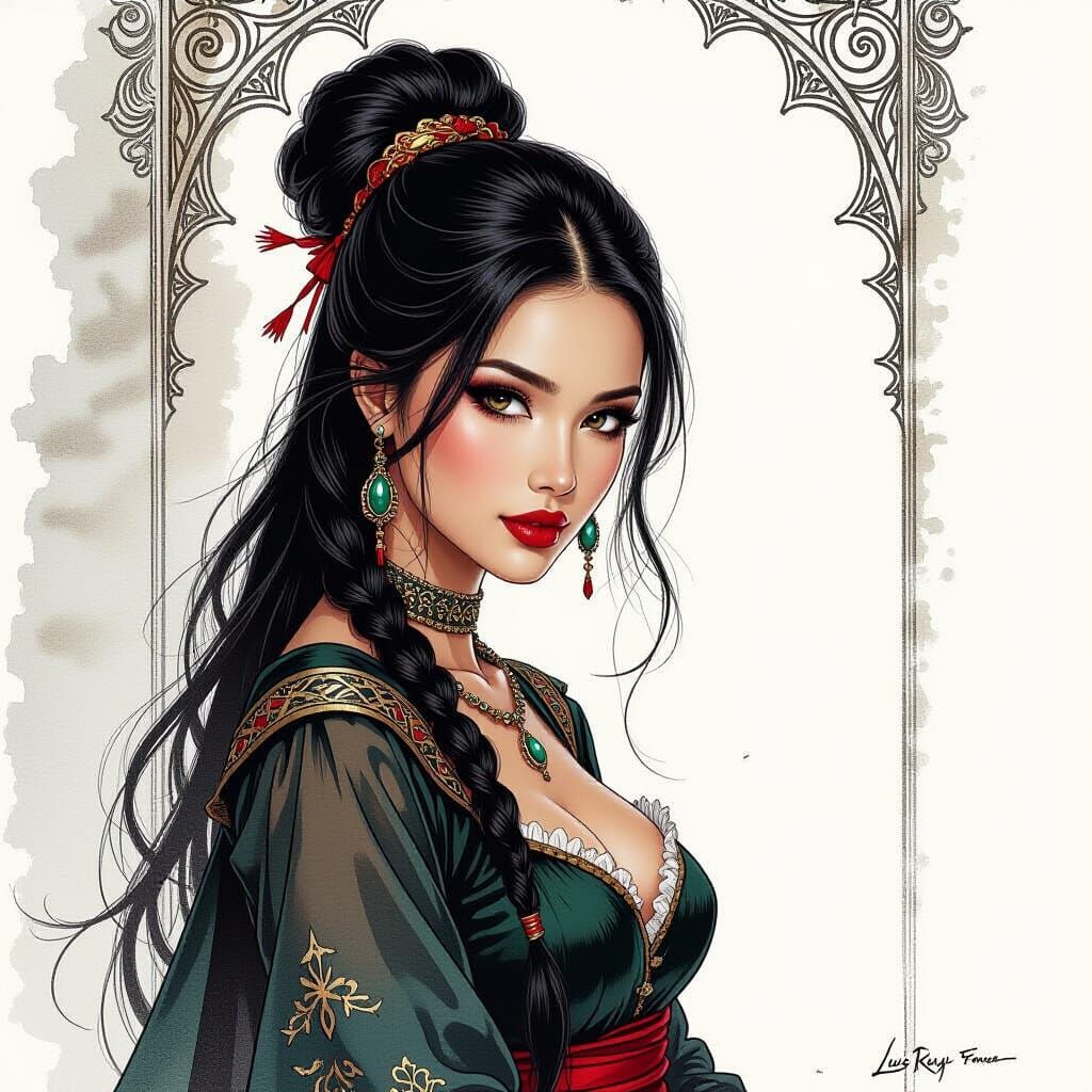 Malaysian Figure Lithograph Sketch in Dark Fantasy Style