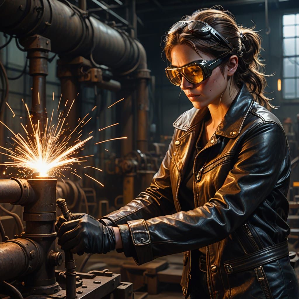 Gritty Factory Worker in Leather Jacket