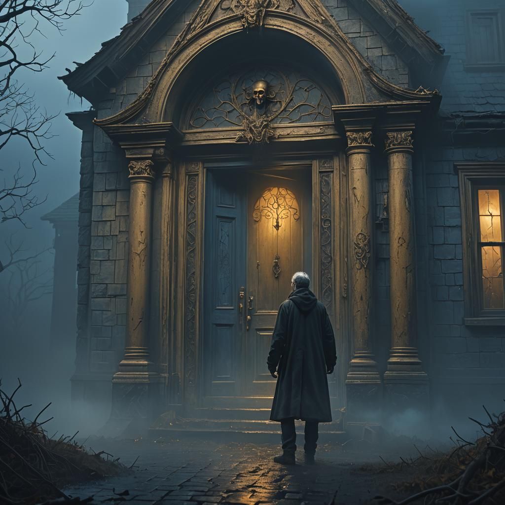 Eerie Figure in Doorway of Misty, Creepy House