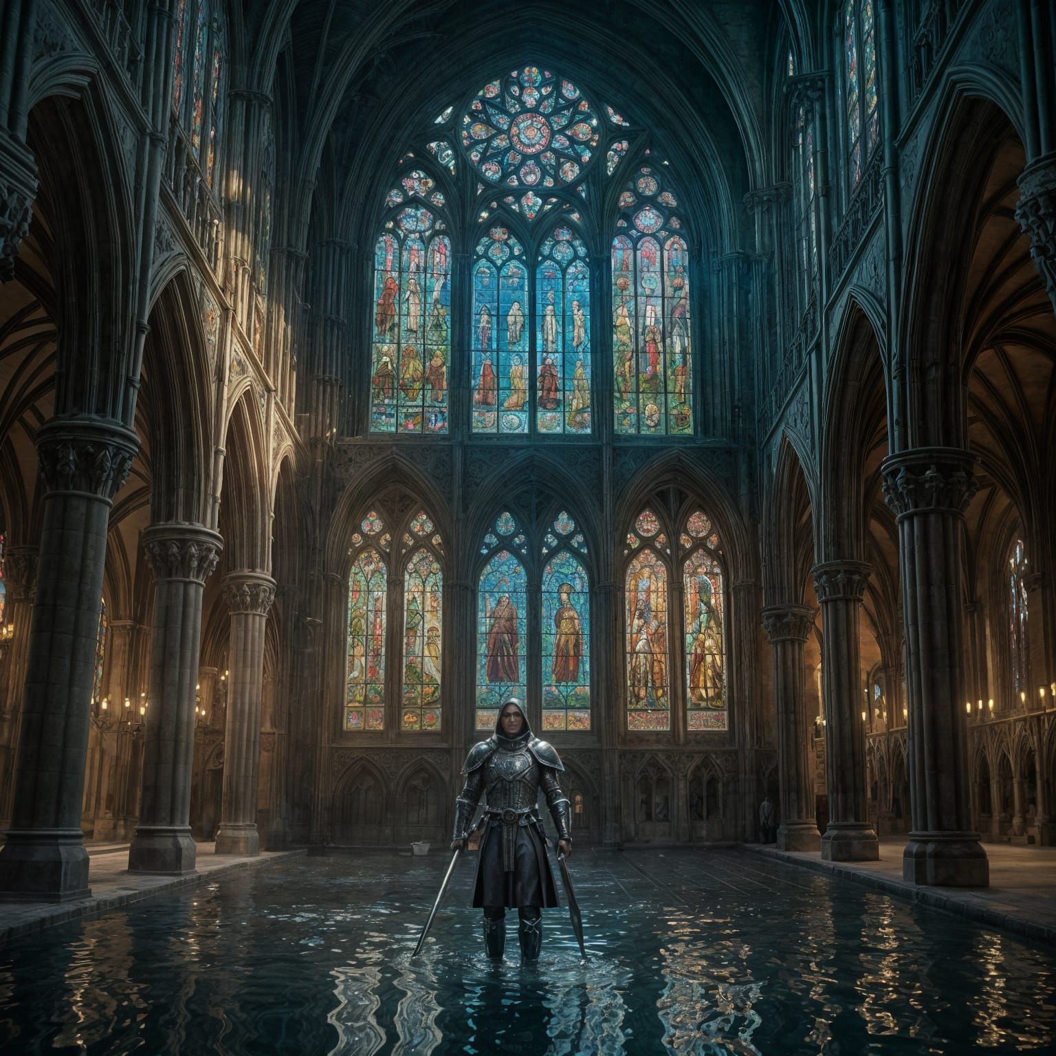 Submerged Gothic Cathedral with Knights Templar