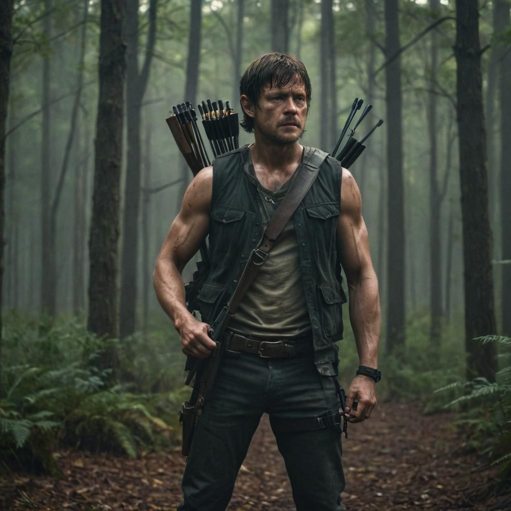 Daryl Dixon in Misty Forest: Cinematic Still