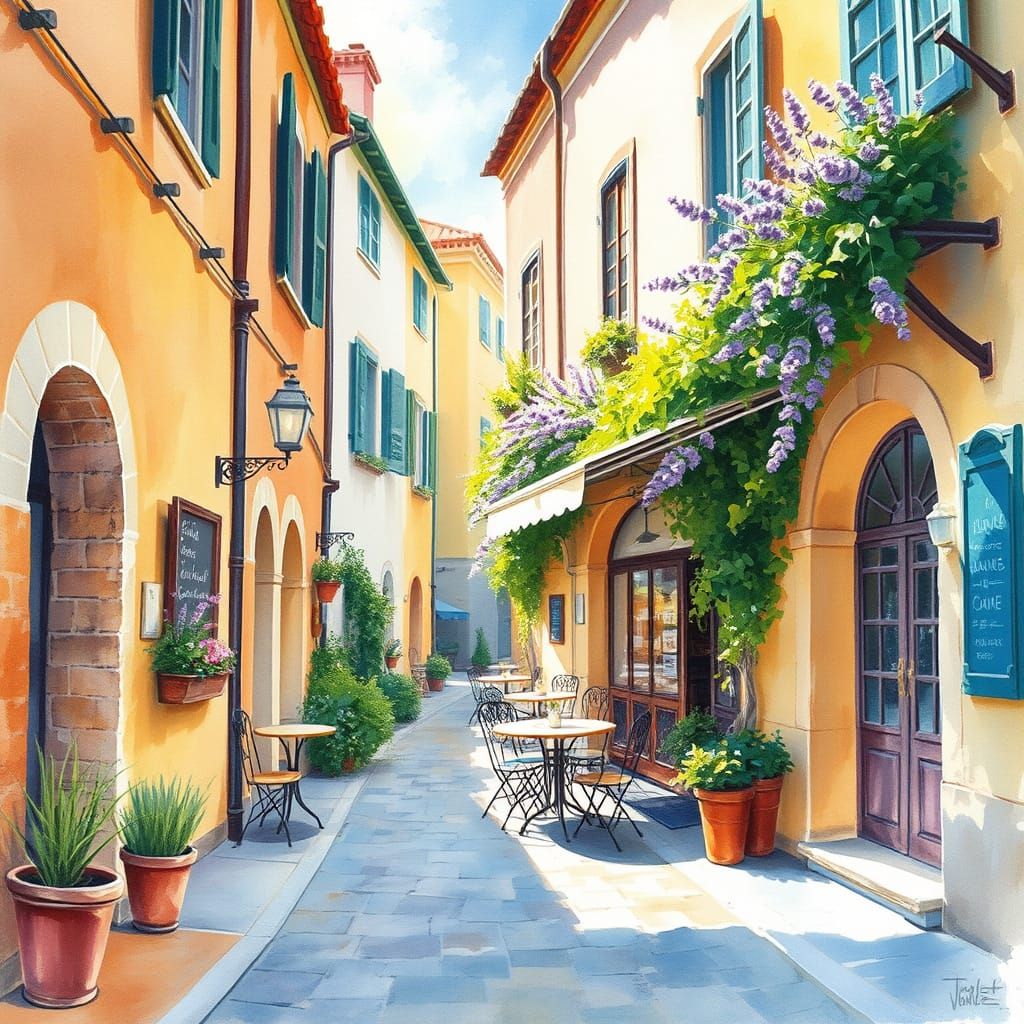 Cozy Cafe in Sun-Drenched European Alleyway