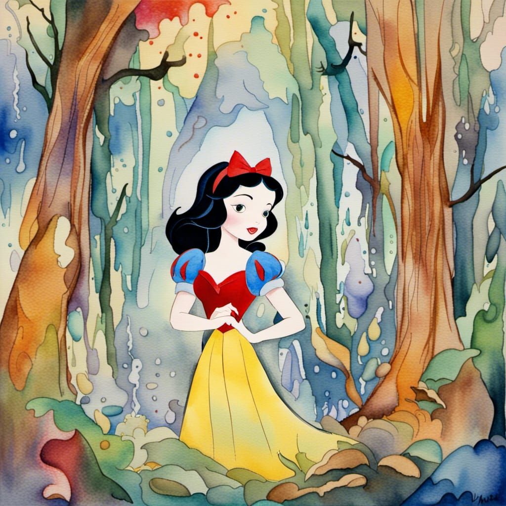 Watercolor Snow White Lost in Abstract Woods