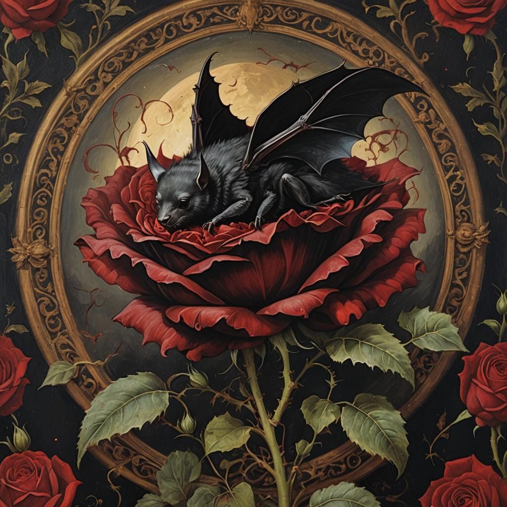 Black Bat Sleeping on Rose in Renaissance Style