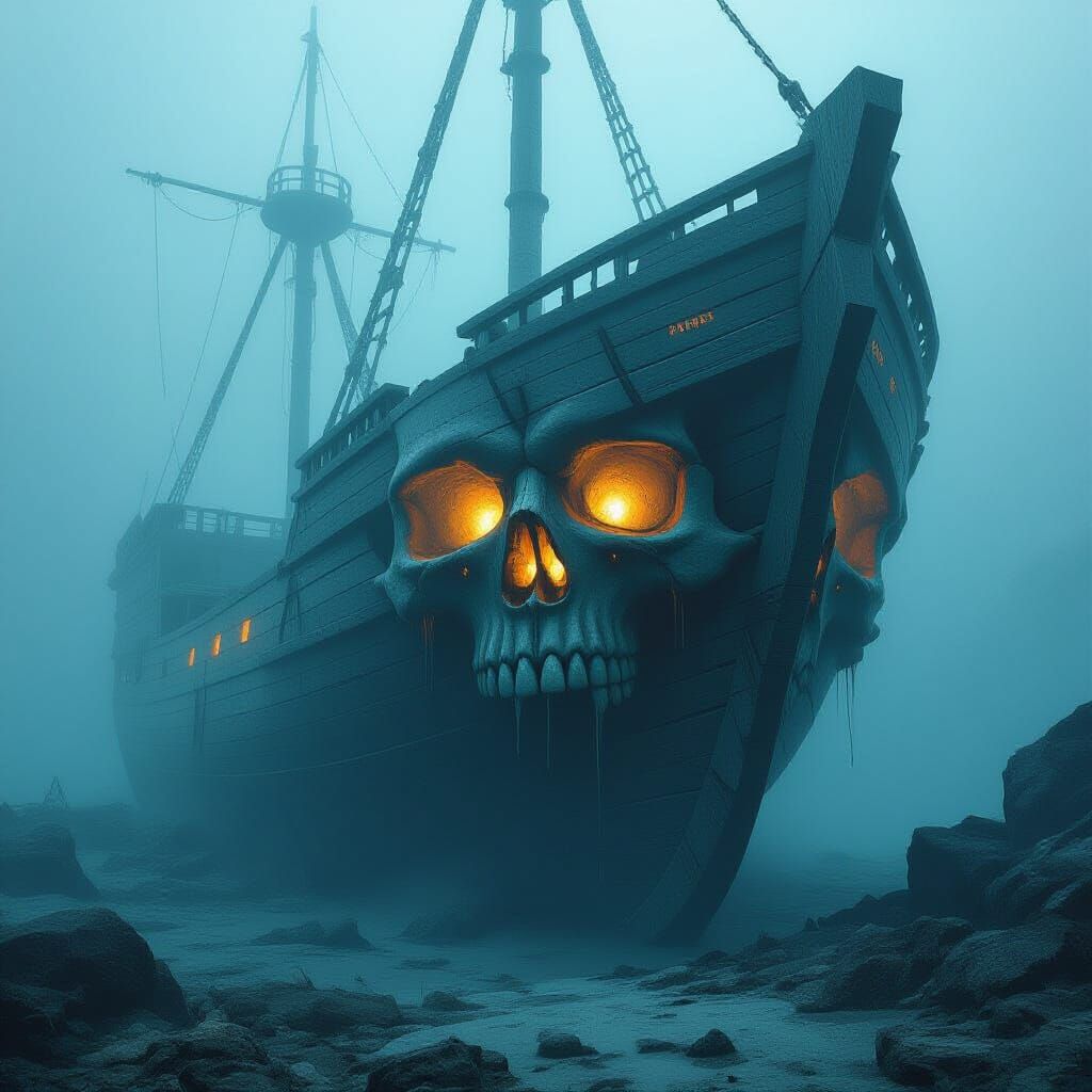Ghostly Ship Skull Prow with Bioluminescent Veins