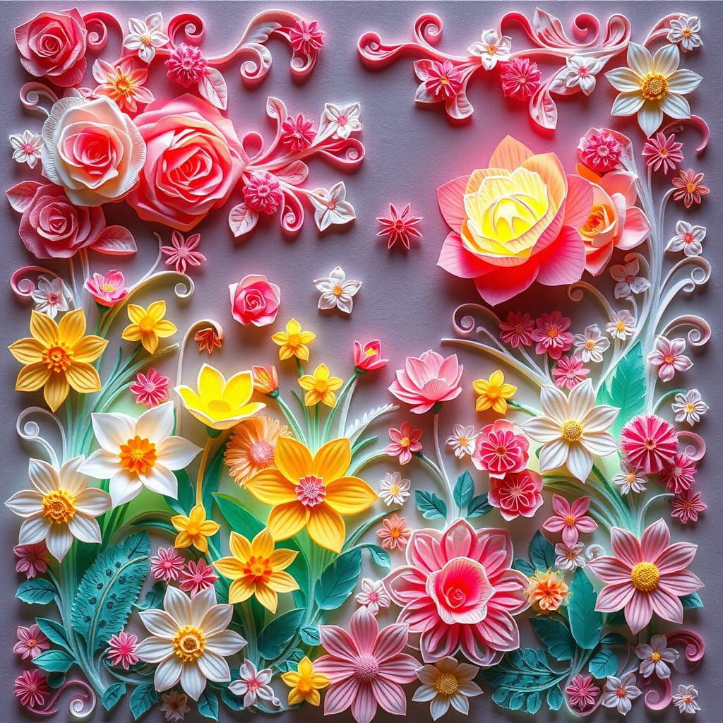 Intricate Floral Landscape in Muted Tones as Paper Art