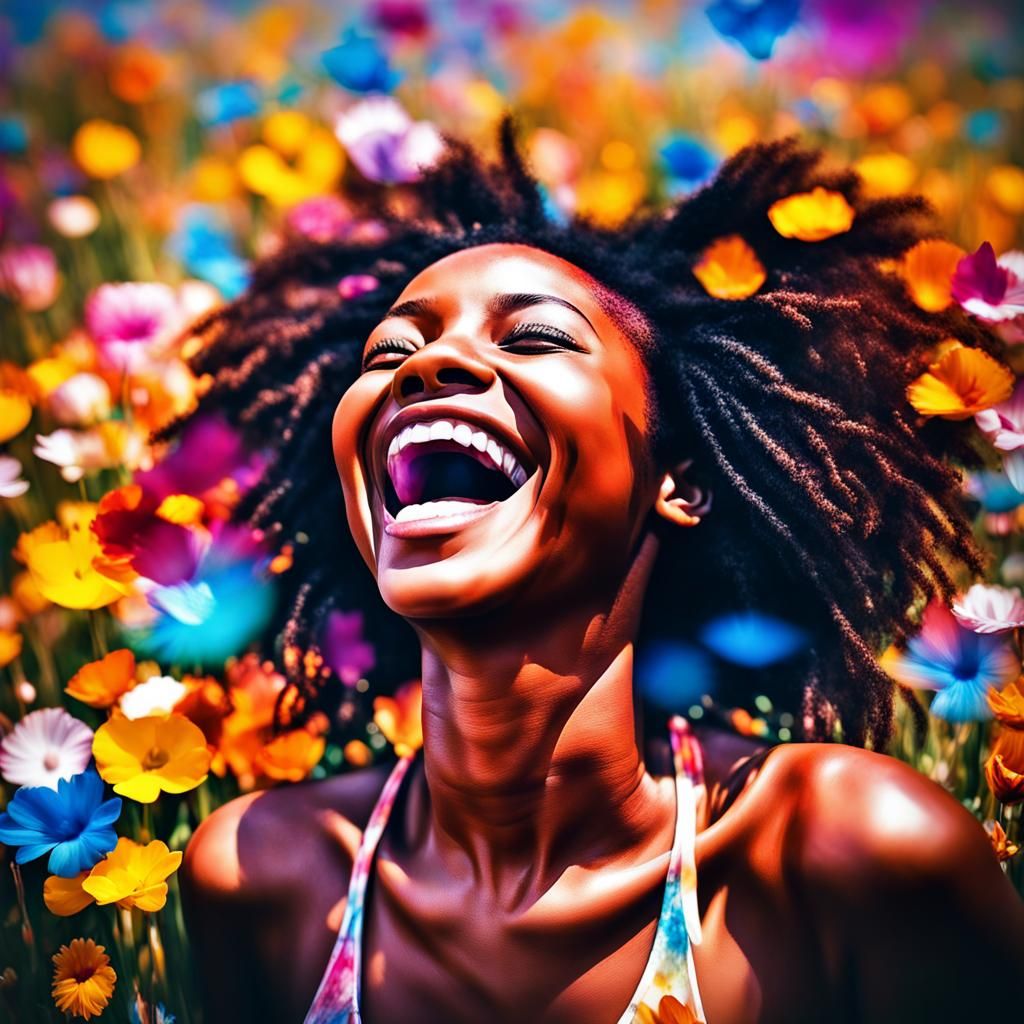 Laughing Girl with Optical Art and Floral Double Exposure