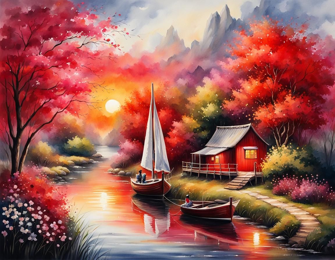 Watercolor Sailboat Illustration with Red Sun