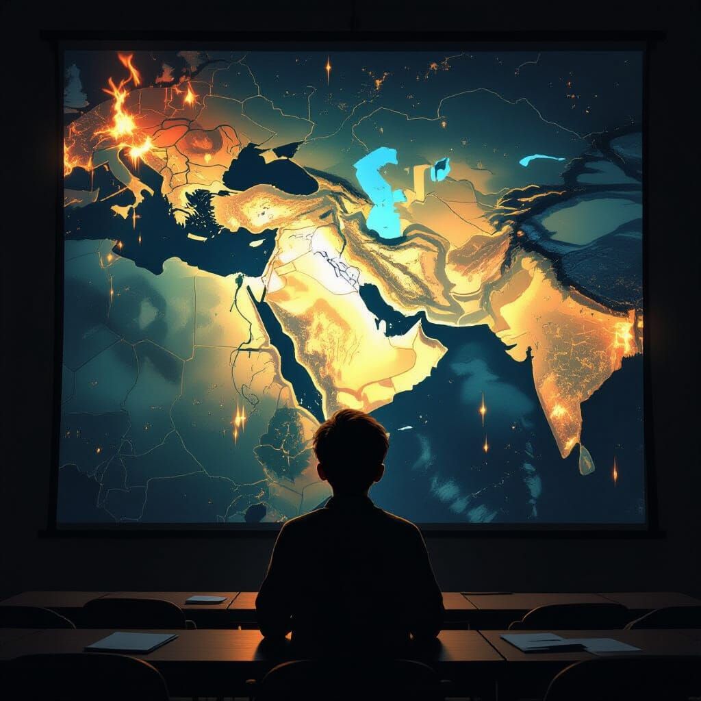 Student Gazes at Burning Map of Middle East in Dark Classroo...