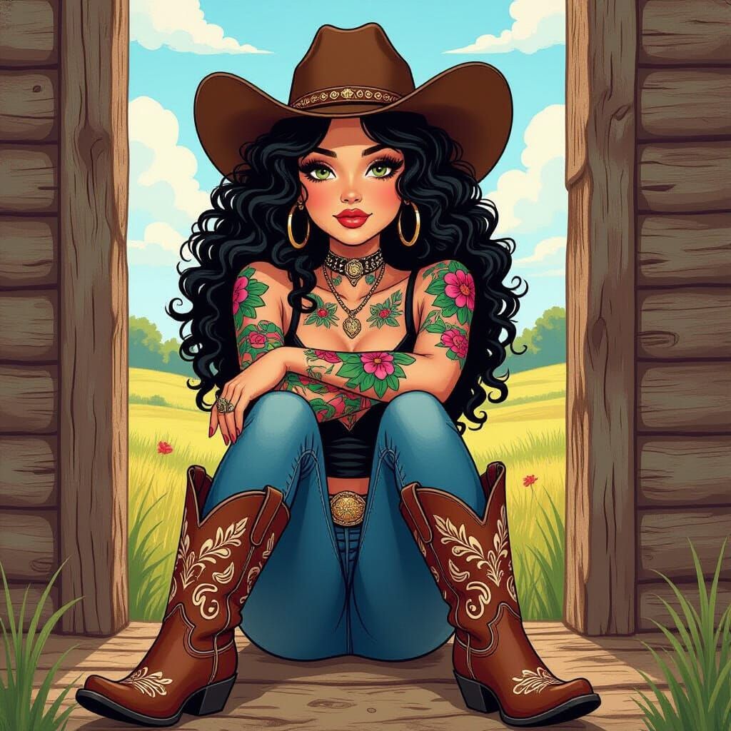 Tattooed Girl in Cowboy Boots, Pop-Surrealist Style