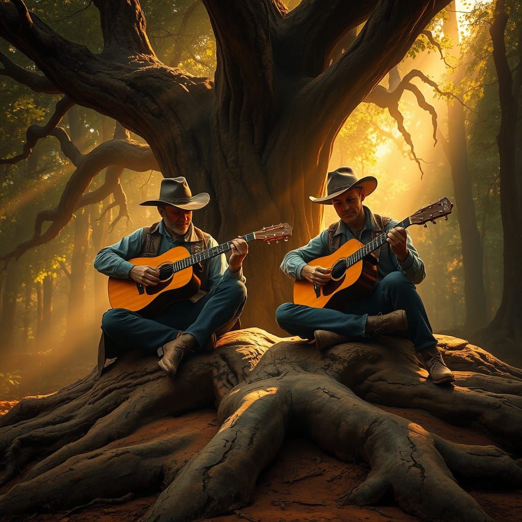 Cowboys in a Mystical Forest Play Guitars under Golden Light