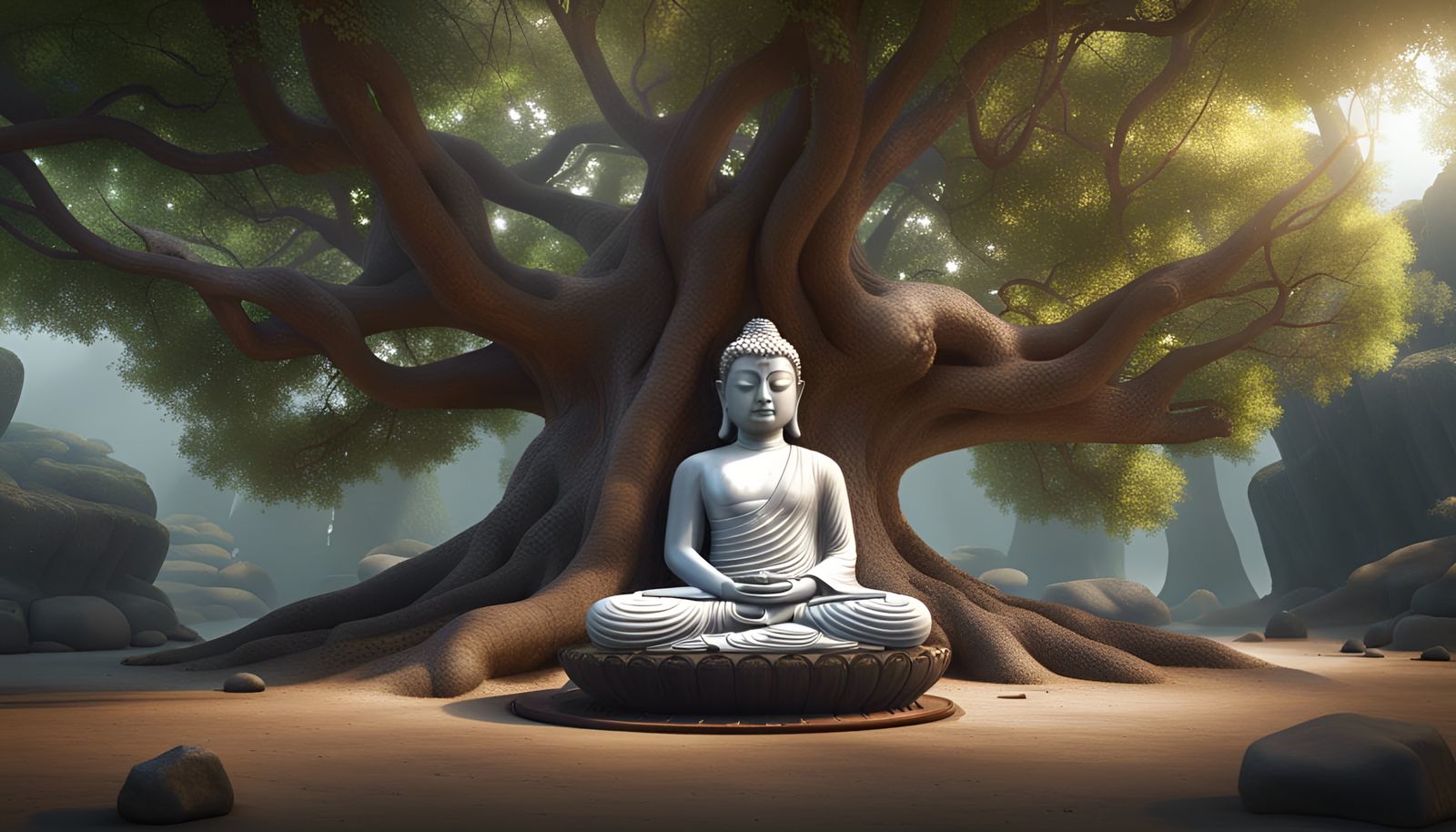 Hyperreal Buddha in Meditation Under Bodhi Tree