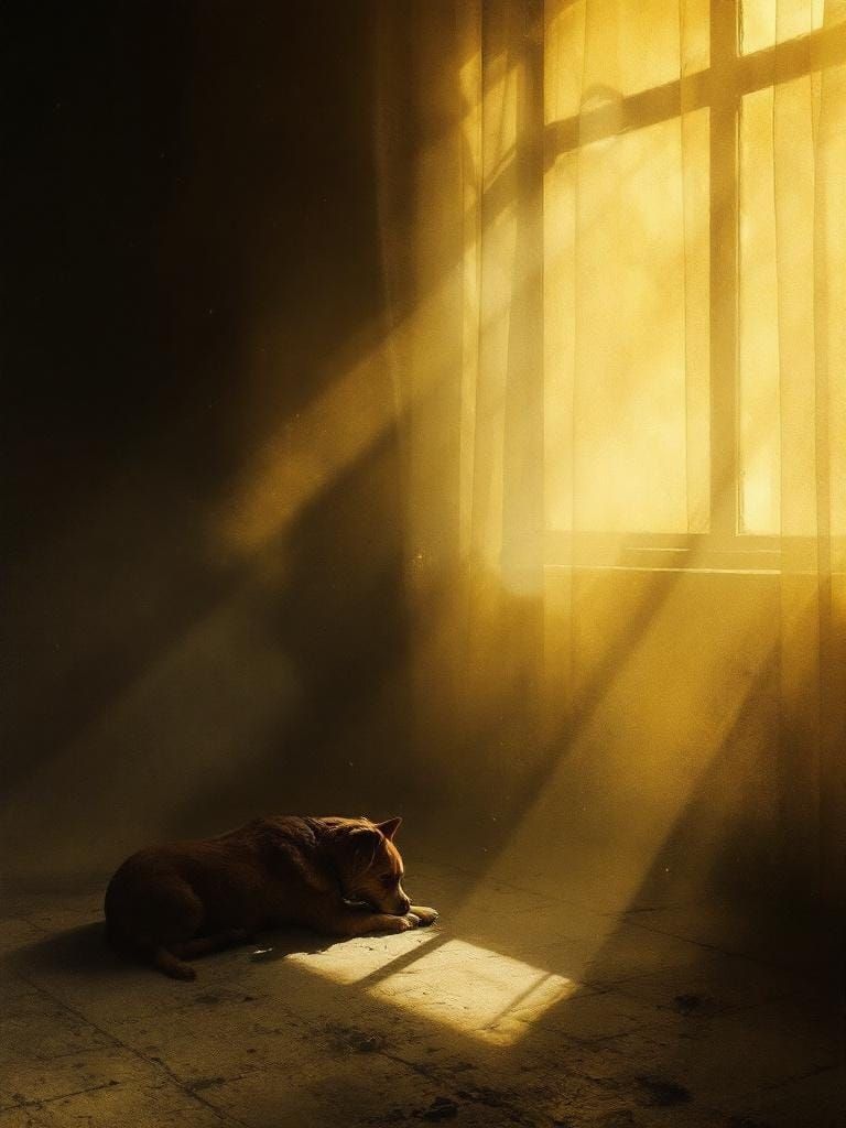 Contemplative Dog in Sunlight with Film Noir Lighting