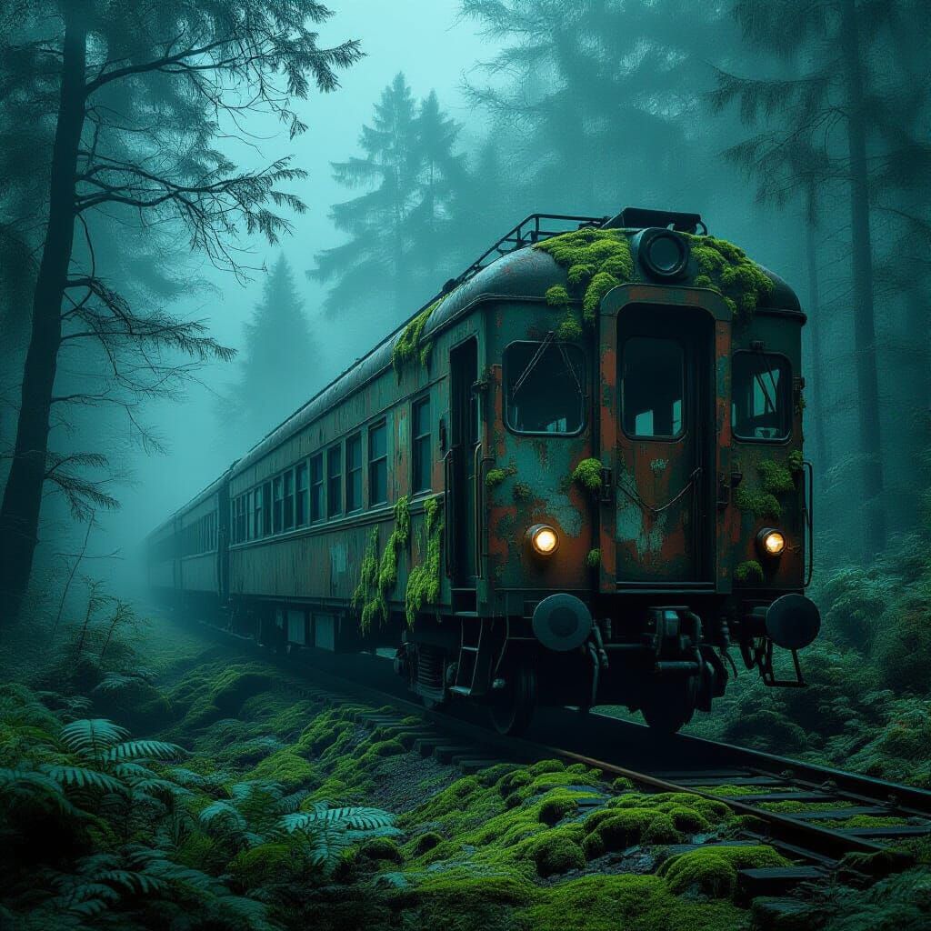Abandoned Train Car in Eerie Bioluminescent Glow