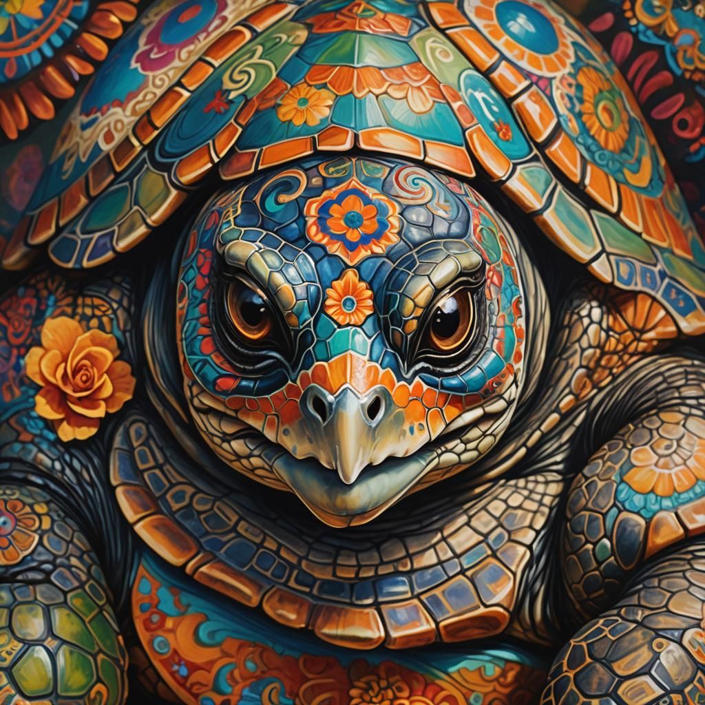 Catrina Turtle Portrait: Hyper-Realistic Oil Painting