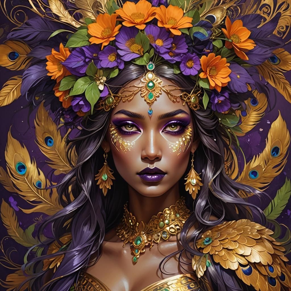 Gold Woman with Peacock Feathers, Art Nouveau Style