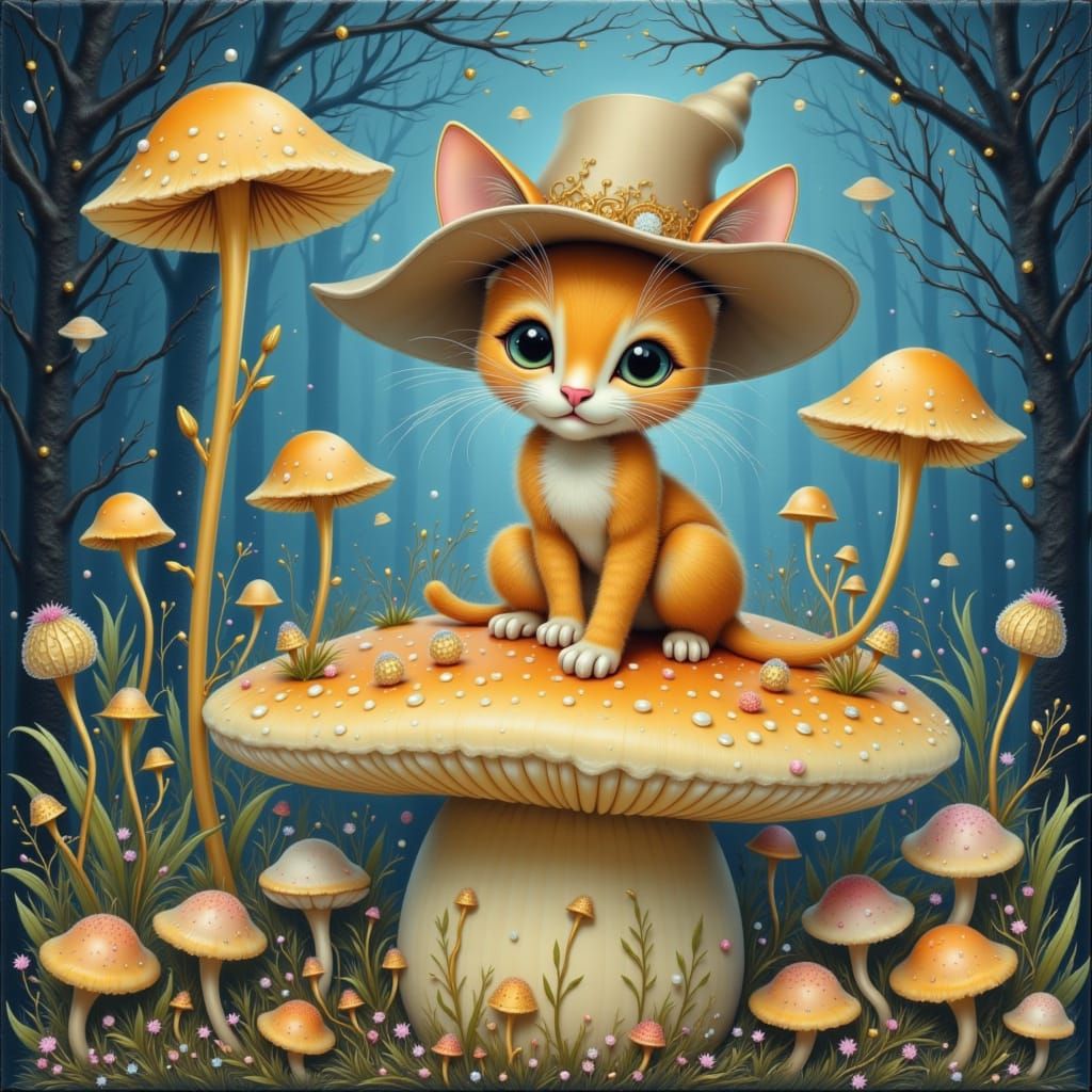 Ginger Cat in Top Hat on Luminous Mushroom