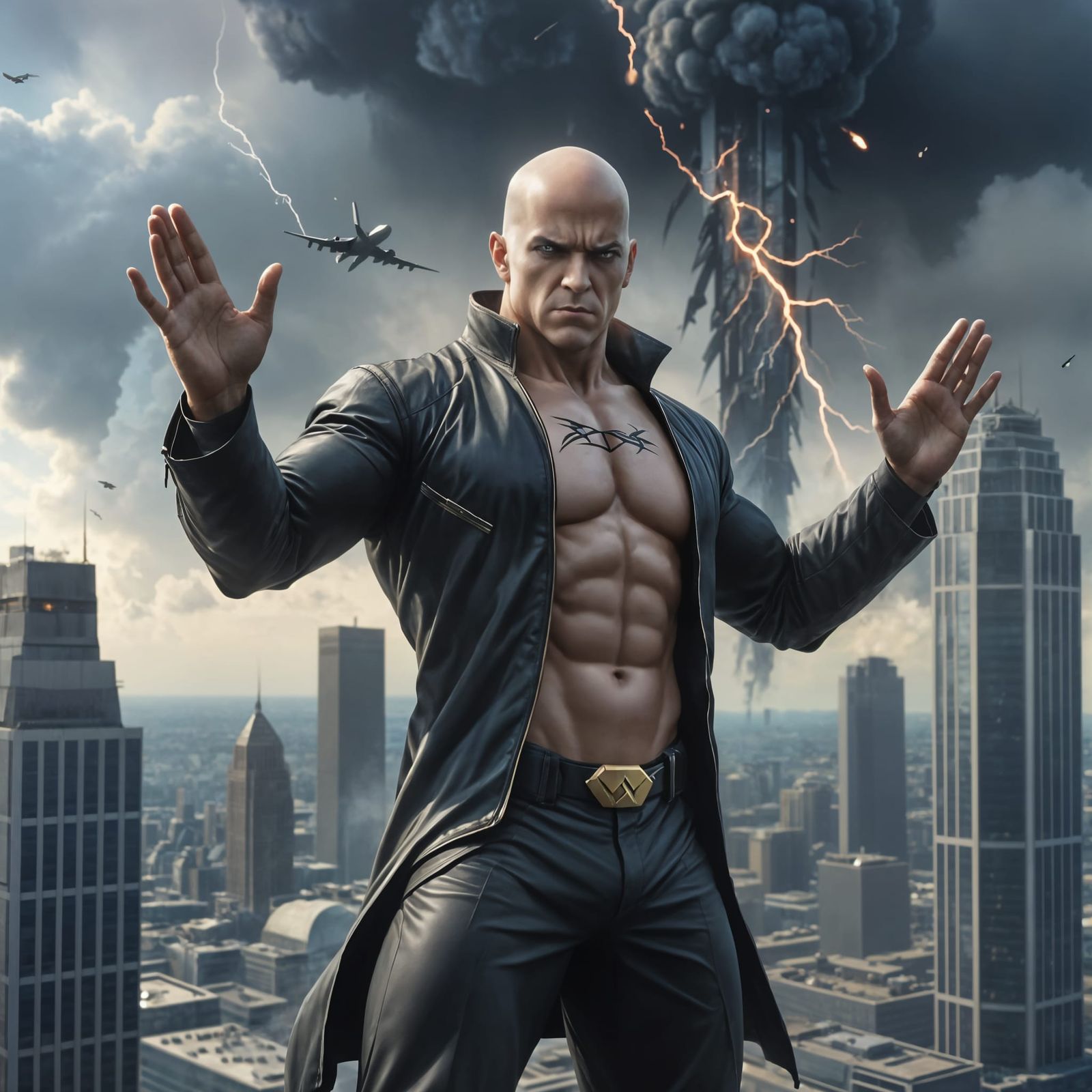 Surreal Hyper-Realistic Painting of Super-Villain Amidst Cha...