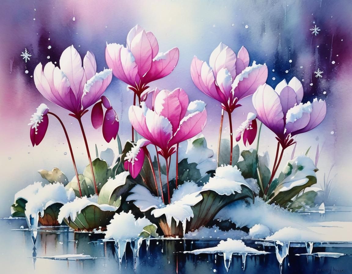 Cyclamen in Soft Iridescent Ice, Jean Haines Style Watercolo...